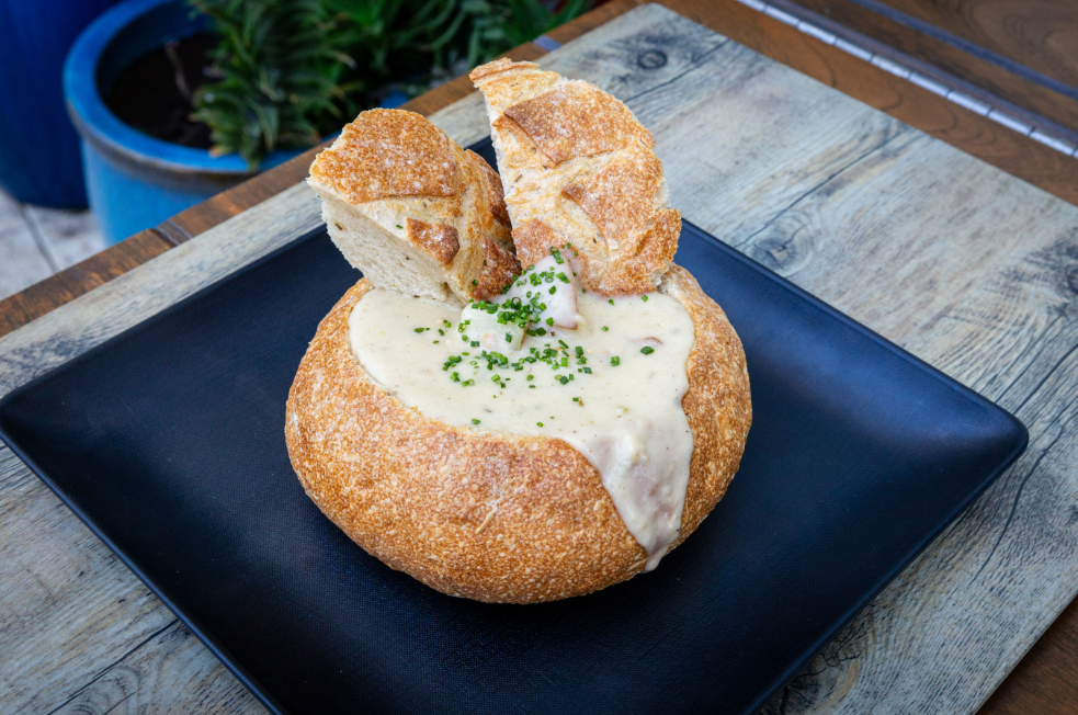 Clam chowder in a bread bowl