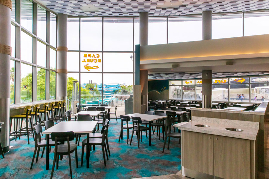 Cafe Scuba interior with vaulted ceilings and large windows